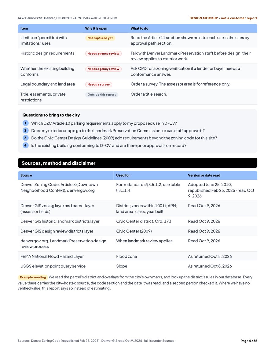 Report design page: sources and dates table
