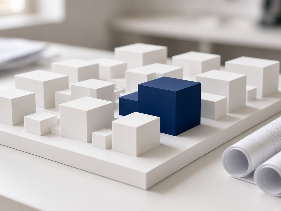 A white architectural massing model of city blocks on a desk, with one block in navy blue, beside rolled drawings