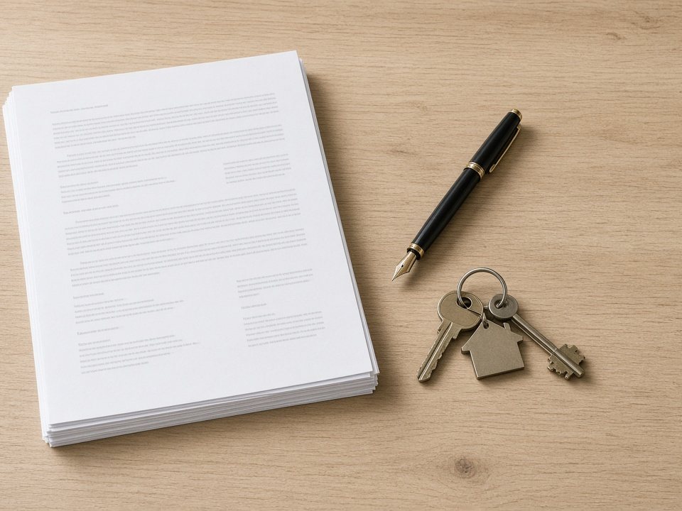 A stack of printed pages, a fountain pen and a set of keys with a house-shaped tag on a wooden desk